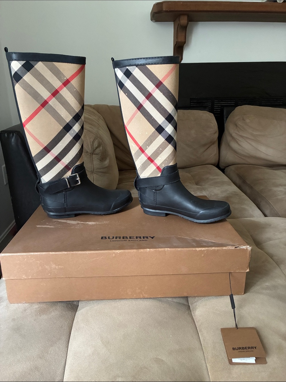Burberry Black & Beige Check Tall Rain Boots for women